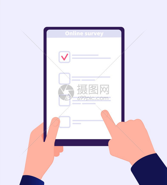 网上调查手持平板电脑网络测试表移动调查问卷客户投票申请矢量网上核对清单检查屏幕调问卷清单因特网调查名单客户投票申请矢量图片