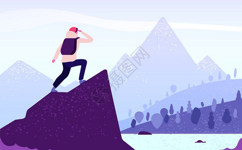 人类在山上冒险带着背包站在岩石上的人看山地景观旅游自然迁移矢量概念冒险山登旅游远足图示人类在山地冒险旅游自然程矢量概念图片
