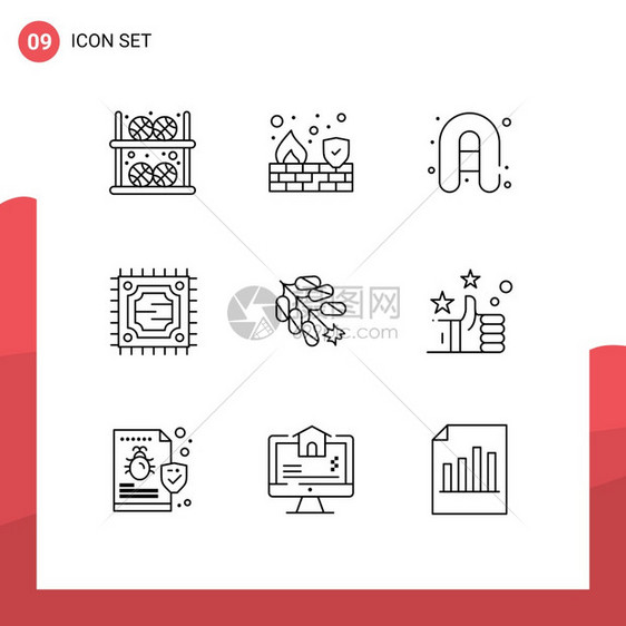 包含烟花墙壁处理器可燃病媒设计元素的9个简单大纲可编辑矢量线包图片