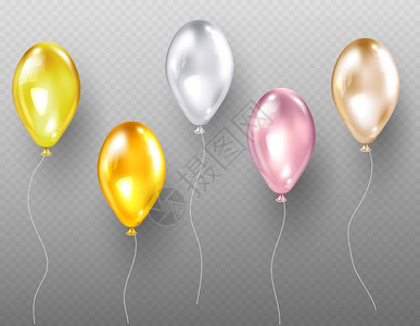 金银黄和粉色的气球飞行金黄和粉色多光彩物体节日装饰生或派对活动以透明背景现实的3D矢量集为隔离点图片