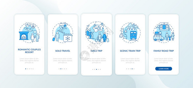 带概念的冬季假期想法登上移动应用程序页面屏幕浪漫夫妇度假村单人旅行横穿5步的图形指示配有RGB彩色插图的UI矢量模板图片