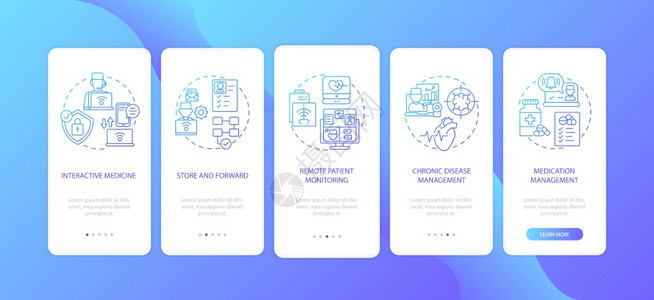 远程医疗服务类型在装有概念的移动应用程序页面屏幕上远程医院治疗通过5步图示指带有RGB颜色插图的UI病媒模板远程医疗服务类型在装图片