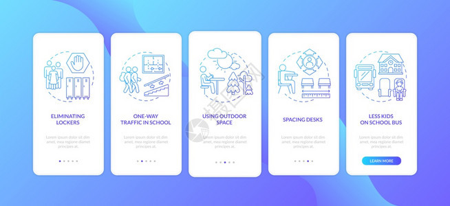新冠学校安全规则在装有概念的移动应用程序页面屏幕上登移动应用程序页面屏幕上消除储物柜间距办公桌走过5步图形指示配有RGB彩色插图图片
