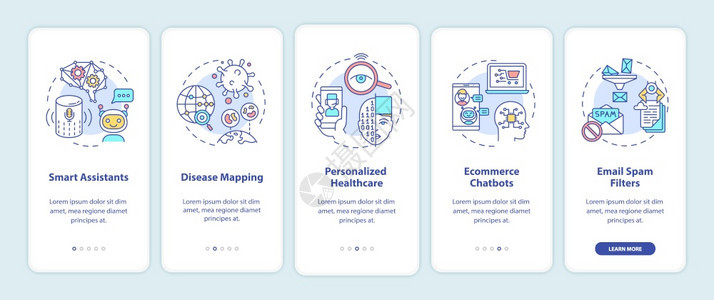 智能计算机助理技术通过5步图形指示带有RGB颜色插图的UI矢量模板AI应用在带有概念的移动应用程序屏幕上图片