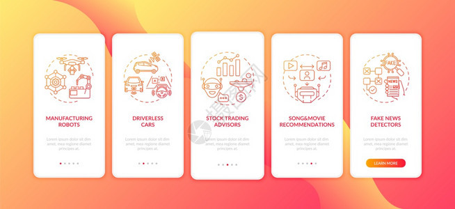 AI2应用在带有概念的移动应用程序页面屏幕上数字股票交易顾问走过5步图形指示带有RGB颜色插图的UI矢量模板AI应用在带有概念的图片