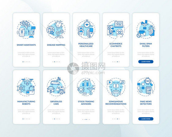 带有设定概念的移动应用程序页面屏幕上人工智能未来应用程序通过10步图形指示带有RGB颜色插图的UI矢量模板带有设定概念的移动应用图片