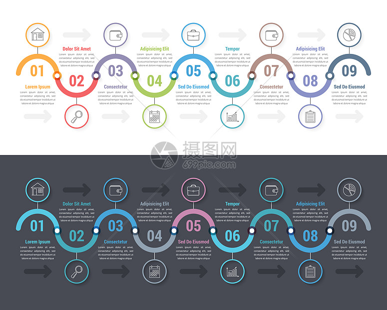 包含9个步骤或选项工作流程图矢量eps10插图的表模板图片