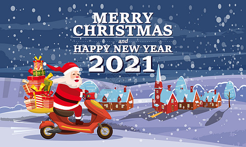 圣诞老人骑着一辆小摩托车在冬季夜晚的小镇上送礼物矢量漫画风格插图图片
