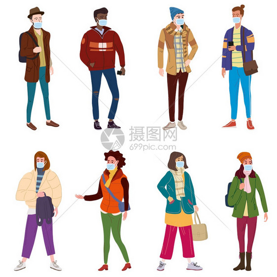 戴着口罩的时尚男女卡通矢量插画图片