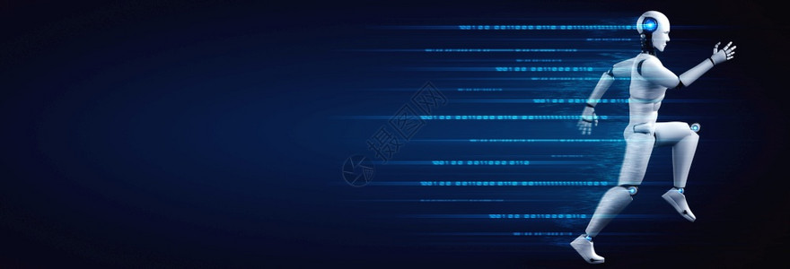 正在运行的机器人类体在未来的创新发展概念中示出快速的移动和重要能量通过机器学习向人工智能大脑和思维发展3D插图图片