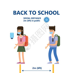回到学校安全社交儿童安全戴面具在学校保持距离矢量插图图片