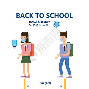 回到学校安全社交儿童安全戴面具在学校保持距离矢量插图图片