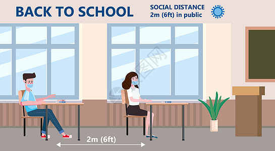 学校内的儿童在学校保持距离以免受冠状影响矢量插图图片