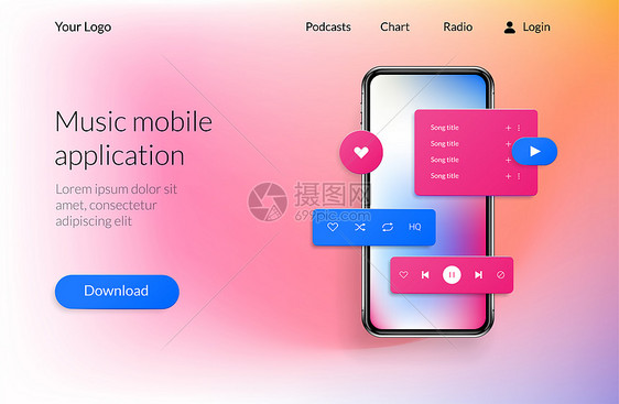 移动着陆页UI软件网站设计音乐应用程序布局模型与下载播放和类似按钮的接口现实智能手机矢量音乐播放器和歌曲汇编下载现实的电话图片