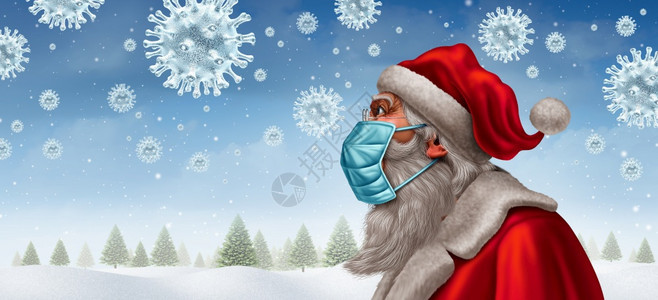 健康圣诞老人戴面罩概念作为圣诞假日的标志用于预防冠状的健康和保疾病以及用3D成因的雪状新冠和covid19或流感作为雪状图片