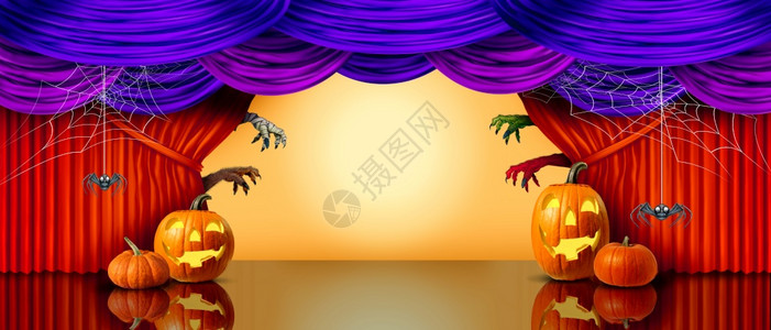 万圣节的横幅背景日季秋天或作为一种诡计或者把庆祝视为紫色和橙的窗帘空白文字间是3D制成的图片