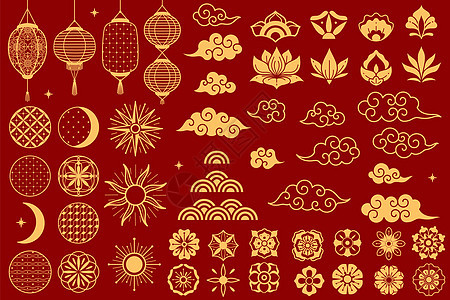 亚洲元素节日装饰金传统符号莲花和灯笼云月东方新年优雅线和红场隔离的双光灯金向量莲花和灯笼东方新年线和双光灯金向量图片
