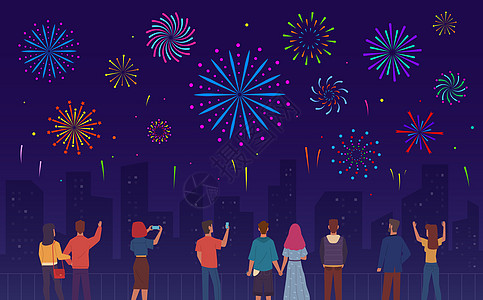 烟火 人观看烟花的人群卡通矢量插画插画