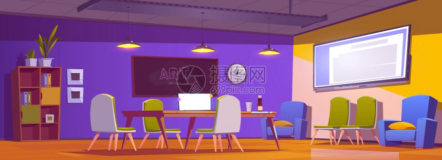 办公室与桌椅子和墙壁屏幕上膝型电脑椅子和屏幕上笔记本电脑墙壁上椅子 和屏幕电脑纸架黑板时钟和工厂的现代开放空间工作场所室内空的矢量插画图片下载 正版图片 摄图网