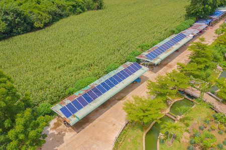 农场屋顶上的太阳能电池板或的空中观察绿田发电厂泰国可再生能源工业中的生态电力技术图片