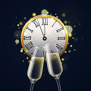 新年时钟和香槟杯矢量设计模板图片