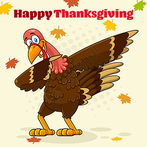 土耳其鸟漫画字符Dabbing关于背景和文字的矢量说明感恩节快乐图片