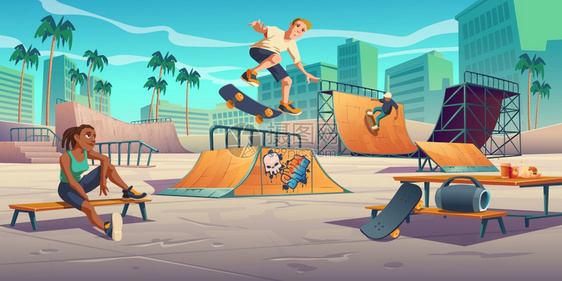 滑板公园的青少年滚场的青少年在四分之一和半的管道坡上表演滑板跳特技极端运动涂鸦青年城市文化和少年街头活动图片