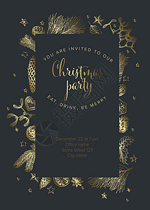 矢量老手绘制圣诞派对邀请模板有各种季节形状姜面包寄生虫锥坚果黑金版图片