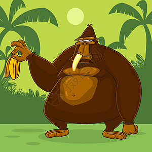 BrownGorilla卡通字符为持有香蕉带丛林背景的矢量说明图片