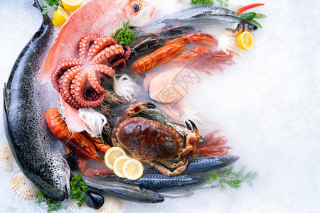 各种新鲜奢侈海产食品的顶端景象是龙虾鲑鱼石螃蟹章鱼贝类和扇其冰背景与海鲜市场中的冰烟图片