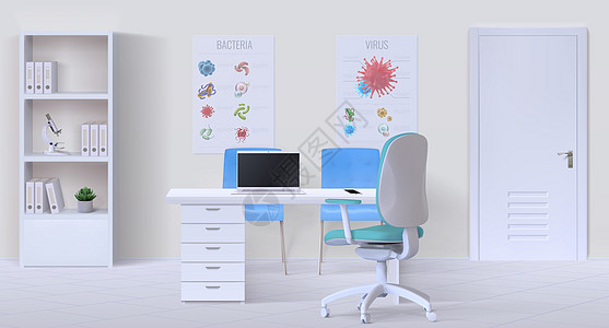 医生办公室内部现实的3D空诊所柜子有工作台计算机房间家具和墙上的医疗海报物理咨询工作空间病媒保健插图现实的3D空诊所柜子有工作台图片