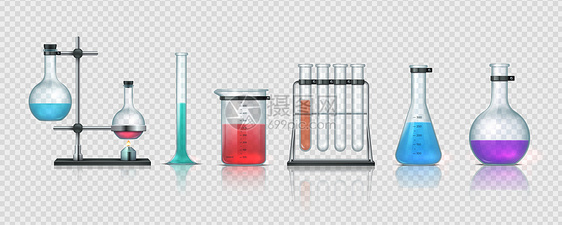 3D实事求是的化学验室设备3D实事求是的玻璃器件收集有色液体的测试管和瓶子透明背景的金属持有者和瓶子病媒科学组实验室设备测量玻璃图片