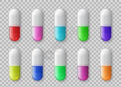 3种现实的药品具有不同颜色药片或多色维生素药物和品具有透明背景要素的病媒3种具有不同颜色药片或的品多色维生素药物和品具有透明背景图片