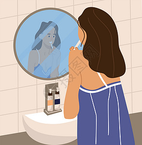 妇女刷牙站在镜子前的卡通年轻女浴室管道和家具内早晚日常活动病媒口腔护理专用插图站在镜子前的女病媒口腔护理专用插图图片