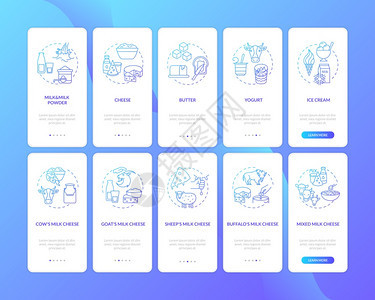 配有概念设置的移动应用程序页面屏幕上的乳制品业蓝色梯度奶酪生产通过5步图形说明配有RGB彩色插图包的UI矢量模板装有概念设置的移图片