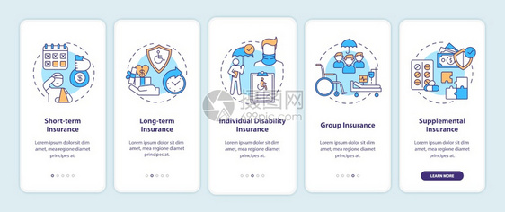 残疾保险类型在带有概念的移动应用程序页面屏幕上登短期保险横穿5步图形说明带有RGB颜色插图的UI矢量模板残疾保险类型在带有概念的图片