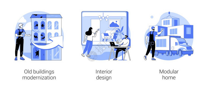 旧建筑现代化内部设计模块式住宅设计室房屋装饰绿色建筑抽象比喻和设抽象概念矢量图解图片