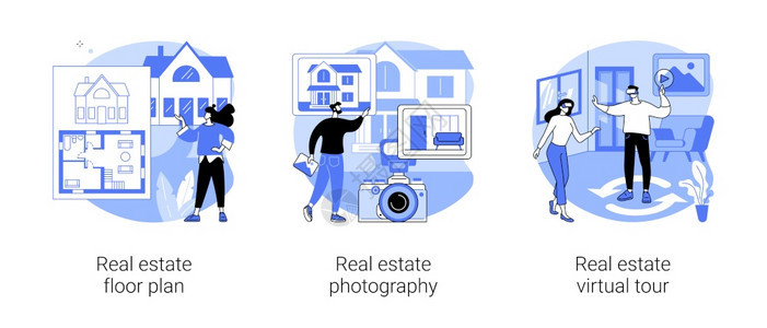 房地产楼层计划房屋摄影和虚拟旅游集市房地产代理广告视频通过抽象隐喻视频通过式抽象隐喻概念矢量插图图片