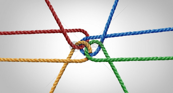 连通的团队概念和结或队精神作为合和工协的整体象征而加入各种绳索的合作伙伴关系商业比喻图片