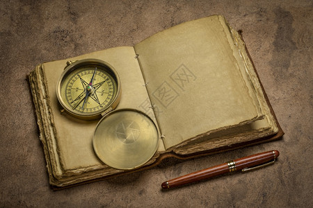 古老的皮质订金日记在古老的木制桌子上印有甲板边缘手工纸页并配有时髦的钢笔和老旧黄铜罗盘日记概念图片