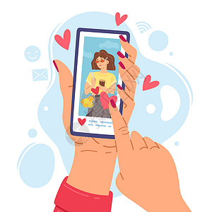 两只手握着机卡通女孩智能手机屏幕有喜好社交网络通信同情表达设备上的妇女图片博客张贴了现代矢量多彩插图两只手握着机卡通女孩智能手机图片