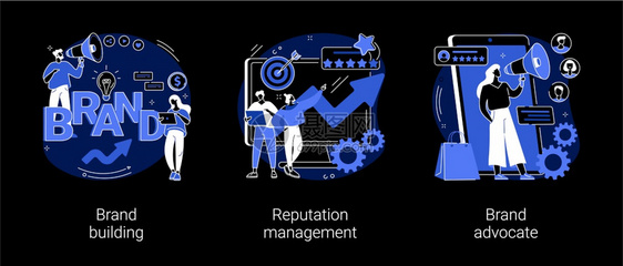 商标公关抽象概念矢量插图品牌建设名声管理品牌倡导者营销战略社交媒体公司身份认识黑暗模式隐喻商标公关抽象概念矢量插图图片