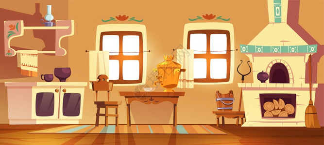 旧俄罗斯农村厨房烤炉萨莫瓦桌椅子和扶架传统乌拉尼古老房子的矢量漫画里面有炉子木制家具扫帚和油灯旧俄罗斯农村厨房烤炉和马莫瓦图片