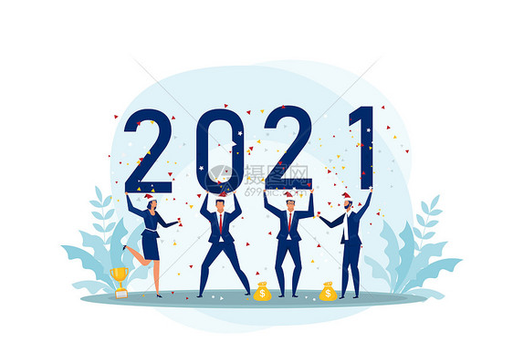 手举2021戴着圣诞帽的商务人士图片