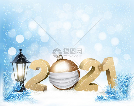 圣诞快乐和新年背景有2021年和金球有白色保护口罩图片