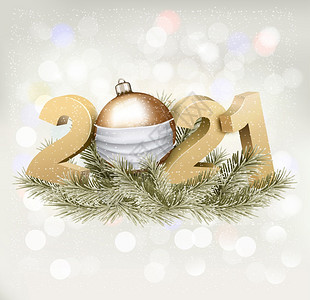 圣诞快乐和新年背景有2021年和金球有白色保护口罩图片