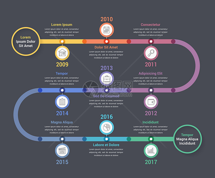 带有多色圆圈工作流程或图矢量eps10插图的时线信息模板图片
