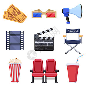 电影剧场内容制作和业门票3D眼镜爆米花和电影拍片板目标矢量插图电影摄观众的红椅饮料电影戏剧要素制作和工业票目标矢量插图图片