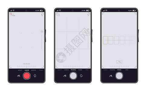 智能手机相界面移动电话视频和照片应用程序移动查看屏幕手机相显示矢量符号集成不同相机模式的手带录音的装置移动浏览屏幕手机相显示矢量图片