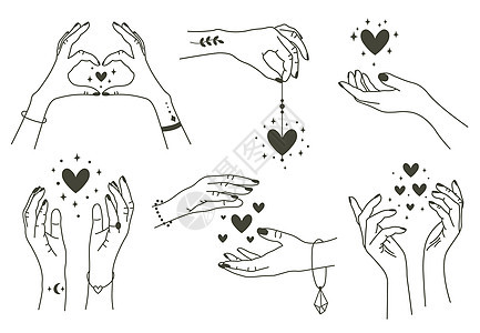 带心的魔手博霍线形的神秘手带魔心的力心矢量符号纹身和手镯的带爱概念图片